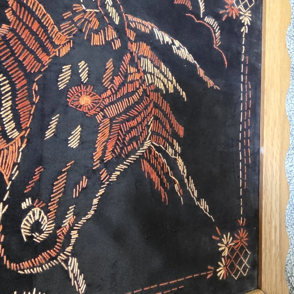 Vintage Hand Embroidered Brown Satin In Wood Frame Western Cowboy Horses Cactus